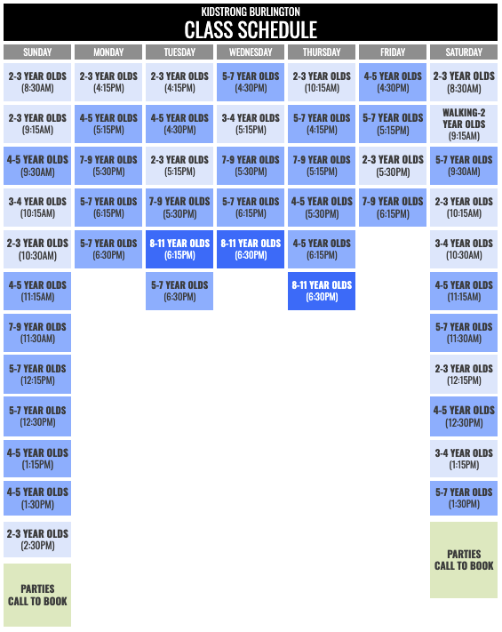 KidStrong Burlington Schedule